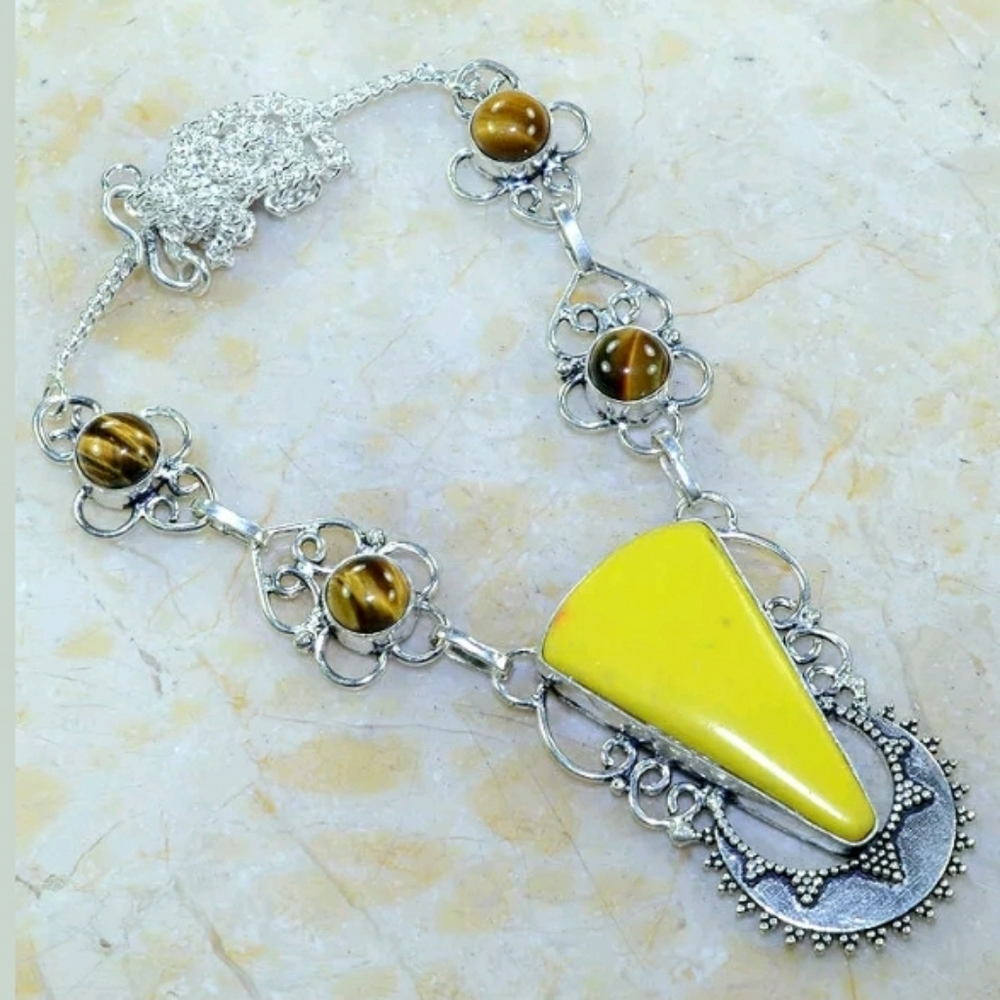 Artisan Yellow Aventurine Tiger Eye Southwestern Necklace 925 Silver